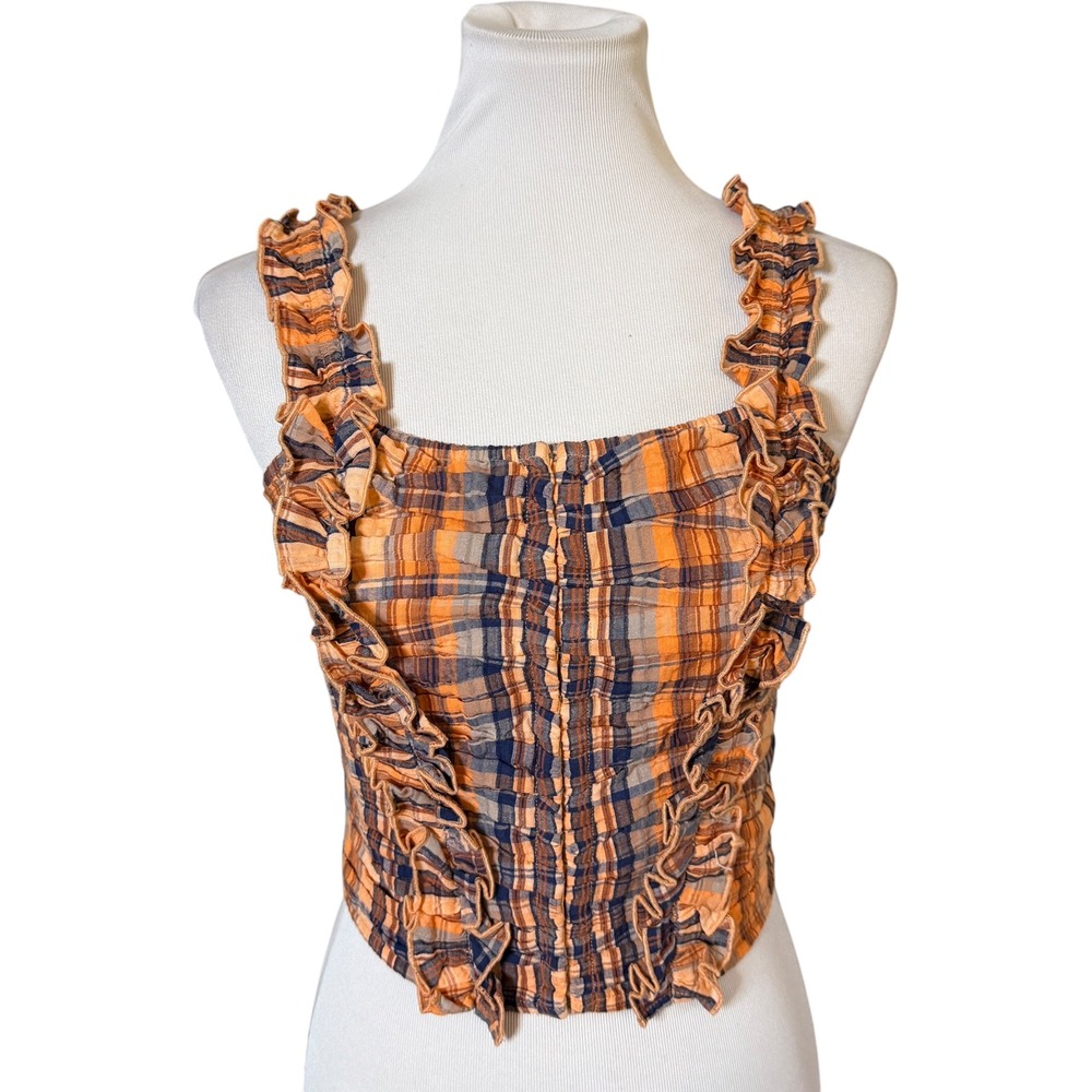 VERB‎ Plaid Smocked Crop Top Women Small Orange Ruffle Cottagecore Boho Tank
